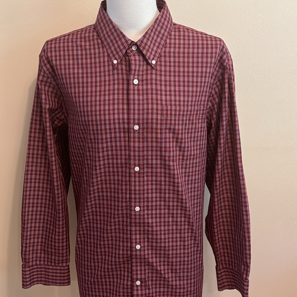 Lands End Cranberry & Cream 17 1/2 - 34 Long Sleeve Shirt traditional fit Preppy